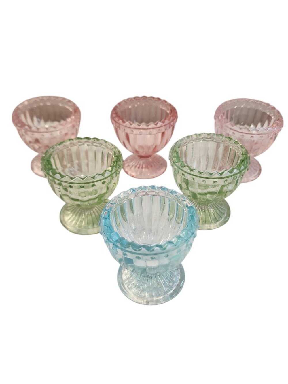 Vintage Multi Colored Ribbed Glass Egg Coddlers / Salt Cellars Set Of 6